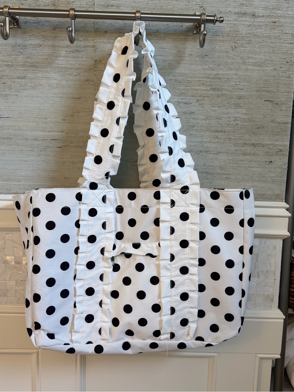 NWOT new White Black Polka Dot Ruffled Tote Bag large